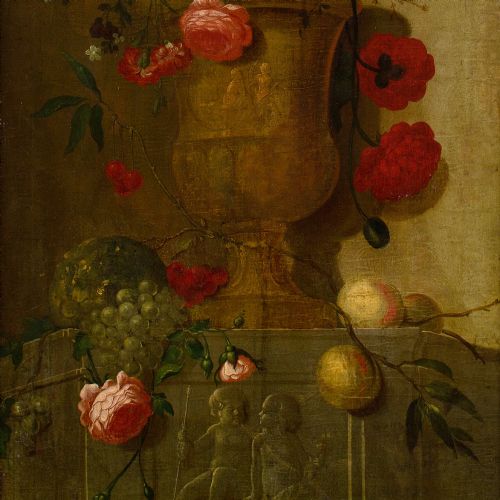 MID18THCENTURY FRENCH SCHOOL STILL LIFE WITH ROSES OTHER BLOOMS IN AN URN ANTIQUE OIL PAINTING - ADDITIONAL PHOTO 7