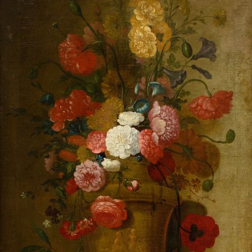 MID18THCENTURY FRENCH SCHOOL STILL LIFE WITH ROSES OTHER BLOOMS IN AN URN ANTIQUE OIL PAINTING - ADDITIONAL PHOTO 8
