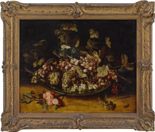 mid17thcentury flemish school still life with grapes foliage on a pewter platter antique oil painting - CATEGORY: ANTIQUE ART - DATED 17TH CENTURY