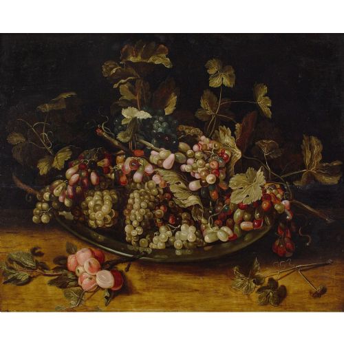 MID17THCENTURY FLEMISH SCHOOL STILL LIFE WITH GRAPES FOLIAGE ON A PEWTER PLATTER ANTIQUE OIL PAINTING - ADDITIONAL PHOTO 1