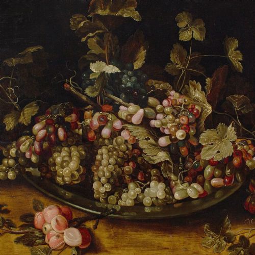 MID17THCENTURY FLEMISH SCHOOL STILL LIFE WITH GRAPES FOLIAGE ON A PEWTER PLATTER ANTIQUE OIL PAINTING - ADDITIONAL PHOTO 5