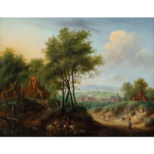 JAN LUDEWICK DE WOUTERS WOODED LANDSCAPE WITH RIDERS RUIN DISTANT TOWN 18THCENTURY OIL PAINTING - ADDITIONAL PHOTO 1