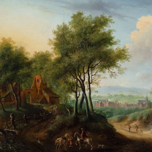 JAN LUDEWICK DE WOUTERS WOODED LANDSCAPE WITH RIDERS RUIN DISTANT TOWN 18THCENTURY OIL PAINTING - ADDITIONAL PHOTO 5