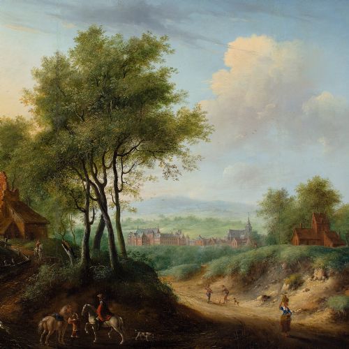 JAN LUDEWICK DE WOUTERS WOODED LANDSCAPE WITH RIDERS RUIN DISTANT TOWN 18THCENTURY OIL PAINTING - ADDITIONAL PHOTO 6