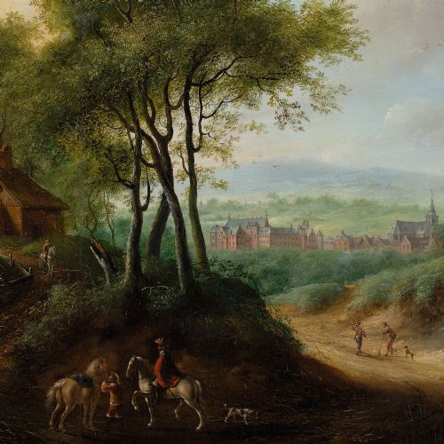 JAN LUDEWICK DE WOUTERS WOODED LANDSCAPE WITH RIDERS RUIN DISTANT TOWN 18THCENTURY OIL PAINTING - ADDITIONAL PHOTO 7