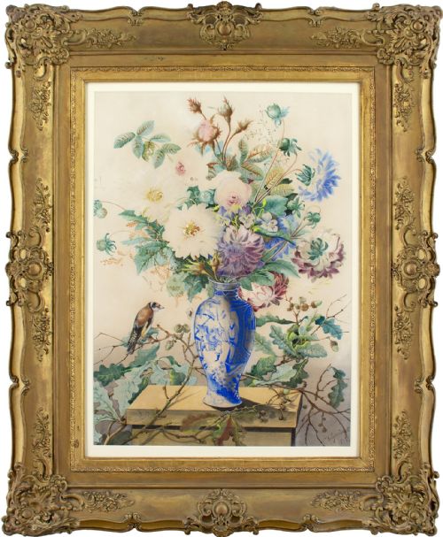 Charles Gaudelet, Still Life with a Bouquet, Goldfinch & Spider, Antique Watercolour