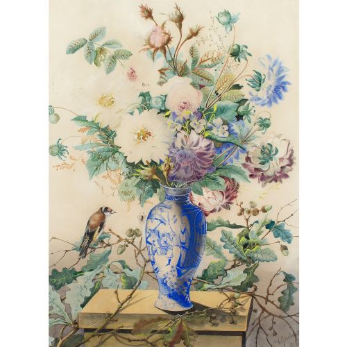 fig 2. Charles Gaudelet, Still Life With A Bouquet, Goldfinch & Spider, Antique Watercolour