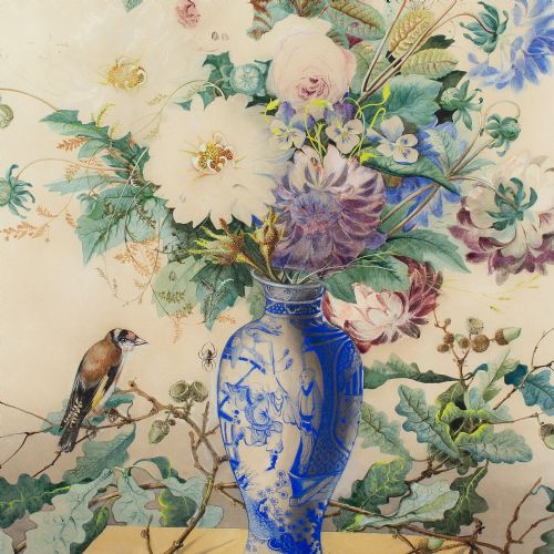 fig 4. Charles Gaudelet, Still Life With A Bouquet, Goldfinch & Spider, Antique Watercolour