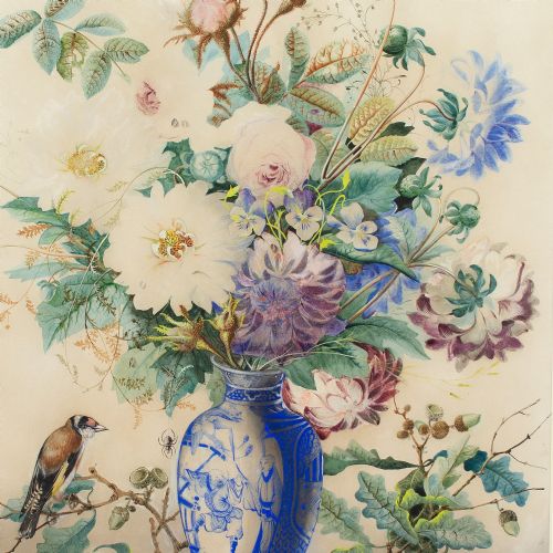 fig 5. Charles Gaudelet, Still Life With A Bouquet, Goldfinch & Spider, Antique Watercolour