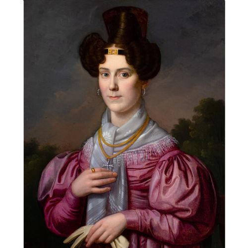 FRANZ XAVER WINTERHALTER CIRCLE PORTRAIT OF A LADY IN A PINK DRESS WITH GIGOT SLEEVES ANTIQUE OIL PAINTING - ADDITIONAL PHOTO 2