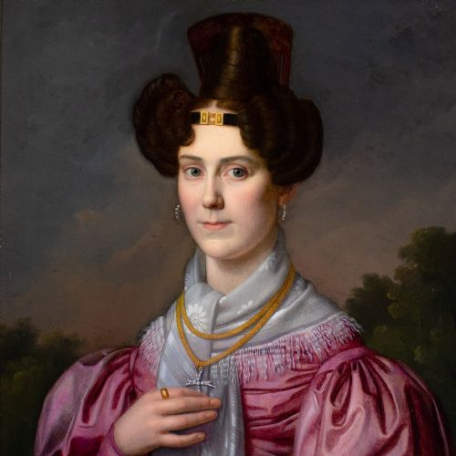 FRANZ XAVER WINTERHALTER CIRCLE PORTRAIT OF A LADY IN A PINK DRESS WITH GIGOT SLEEVES ANTIQUE OIL PAINTING - ADDITIONAL PHOTO 3
