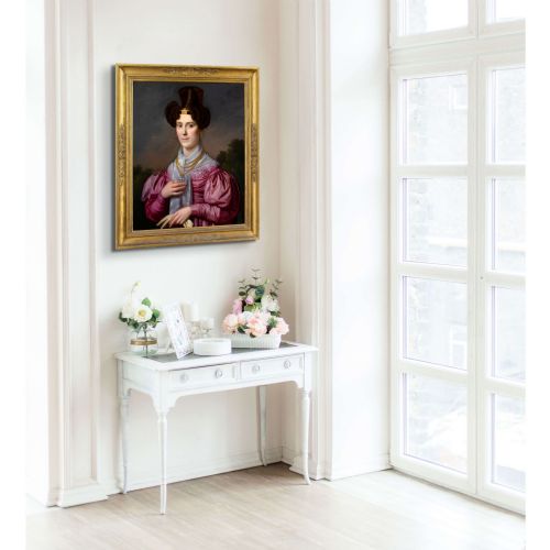 FRANZ XAVER WINTERHALTER CIRCLE PORTRAIT OF A LADY IN A PINK DRESS WITH GIGOT SLEEVES ANTIQUE OIL PAINTING - ADDITIONAL PHOTO 4