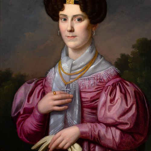FRANZ XAVER WINTERHALTER CIRCLE PORTRAIT OF A LADY IN A PINK DRESS WITH GIGOT SLEEVES ANTIQUE OIL PAINTING - ADDITIONAL PHOTO 5
