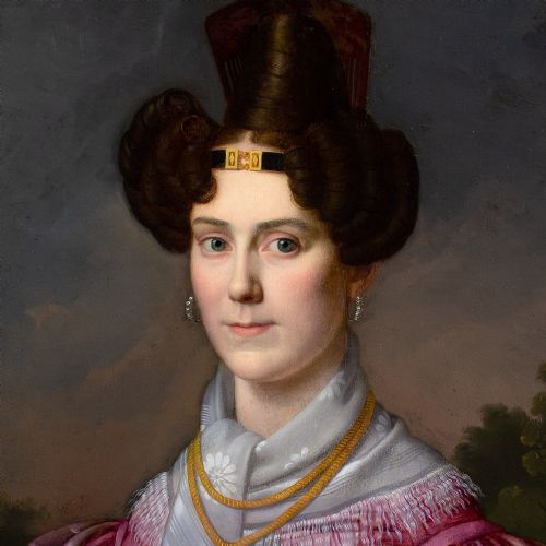 FRANZ XAVER WINTERHALTER CIRCLE PORTRAIT OF A LADY IN A PINK DRESS WITH GIGOT SLEEVES ANTIQUE OIL PAINTING - ADDITIONAL PHOTO 6