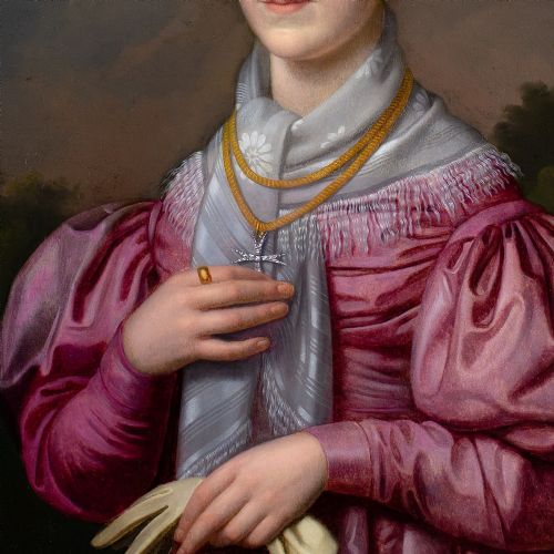 FRANZ XAVER WINTERHALTER CIRCLE PORTRAIT OF A LADY IN A PINK DRESS WITH GIGOT SLEEVES ANTIQUE OIL PAINTING - ADDITIONAL PHOTO 7