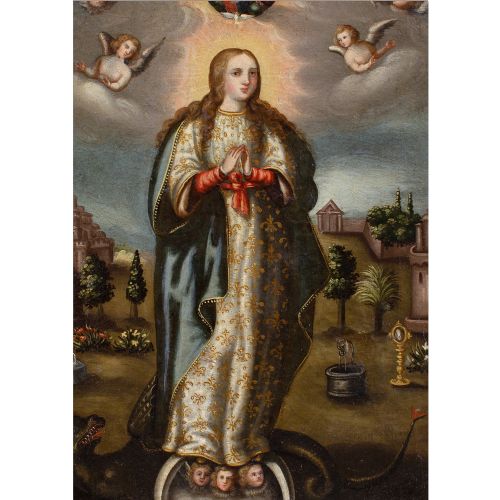 EARLY 17THCENTURY SPANISH COLONIAL SCHOOL VIRGIN OF THE IMMACULATE CONCEPTION ANTIQUE OIL PAINTING - ADDITIONAL PHOTO 1