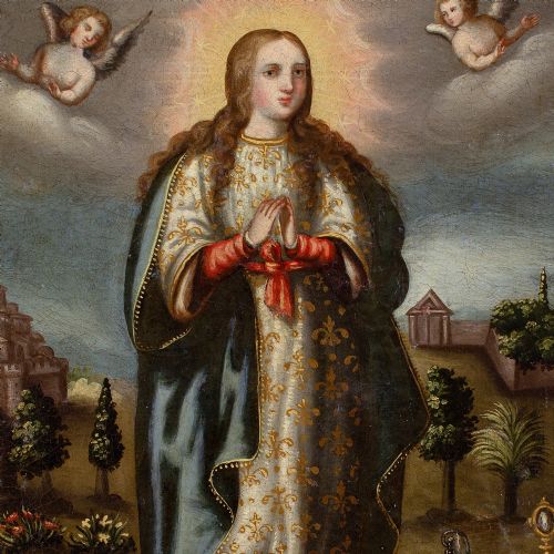 EARLY 17THCENTURY SPANISH COLONIAL SCHOOL VIRGIN OF THE IMMACULATE CONCEPTION ANTIQUE OIL PAINTING - ADDITIONAL PHOTO 5