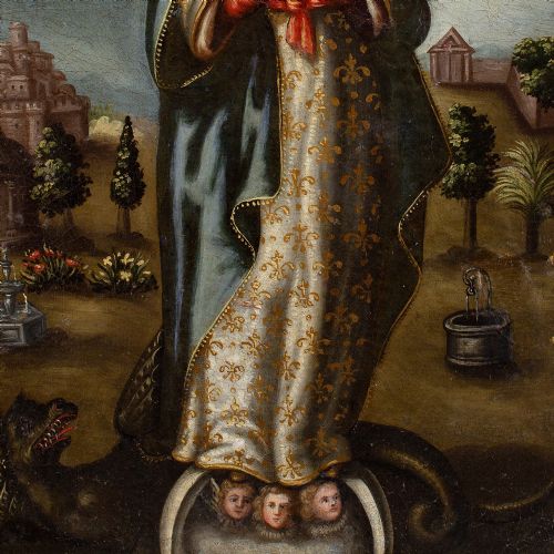 EARLY 17THCENTURY SPANISH COLONIAL SCHOOL VIRGIN OF THE IMMACULATE CONCEPTION ANTIQUE OIL PAINTING - ADDITIONAL PHOTO 6
