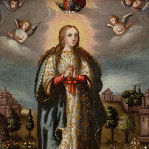 EARLY 17THCENTURY SPANISH COLONIAL SCHOOL VIRGIN OF THE IMMACULATE CONCEPTION ANTIQUE OIL PAINTING - ADDITIONAL PHOTO 7