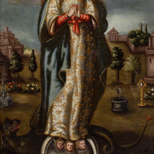 EARLY 17THCENTURY SPANISH COLONIAL SCHOOL VIRGIN OF THE IMMACULATE CONCEPTION ANTIQUE OIL PAINTING - ADDITIONAL PHOTO 8
