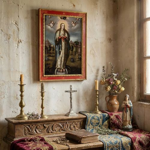 EARLY 17THCENTURY SPANISH COLONIAL SCHOOL VIRGIN OF THE IMMACULATE CONCEPTION ANTIQUE OIL PAINTING - ADDITIONAL PHOTO 2