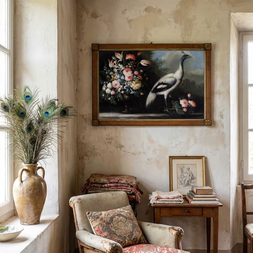 GIUSEPPE PESCI ATTRIBUTED STILL LIFE WITH FLOWERS VASE PEACOCK ANTIQUE OIL PAINTING - ADDITIONAL PHOTO 3