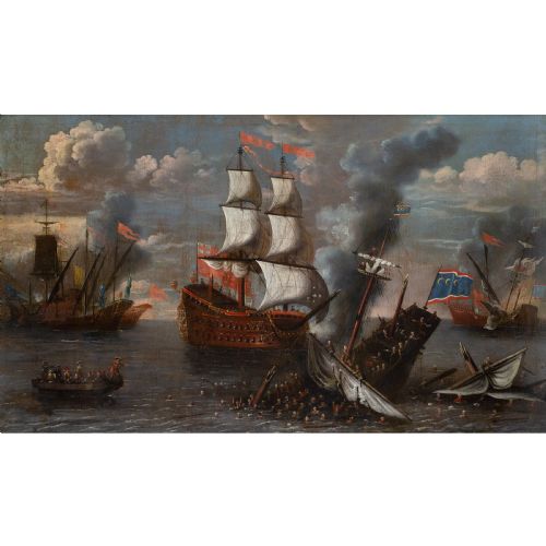 17THCENTURY MARINE BATTLE PAINTING ISAAC SAILMAKER CIRCLE AN ENGLISH WARSHIP ENGAGING BARBARY CORSAIRS - ADDITIONAL PHOTO 1