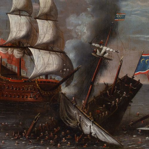 17THCENTURY MARINE BATTLE PAINTING ISAAC SAILMAKER CIRCLE AN ENGLISH WARSHIP ENGAGING BARBARY CORSAIRS - ADDITIONAL PHOTO 2