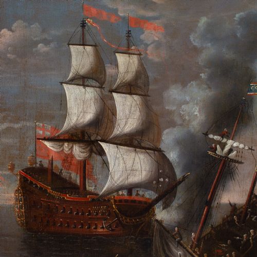 17THCENTURY MARINE BATTLE PAINTING ISAAC SAILMAKER CIRCLE AN ENGLISH WARSHIP ENGAGING BARBARY CORSAIRS - ADDITIONAL PHOTO 4
