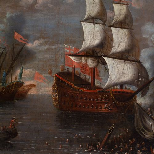 17THCENTURY MARINE BATTLE PAINTING ISAAC SAILMAKER CIRCLE AN ENGLISH WARSHIP ENGAGING BARBARY CORSAIRS - ADDITIONAL PHOTO 5