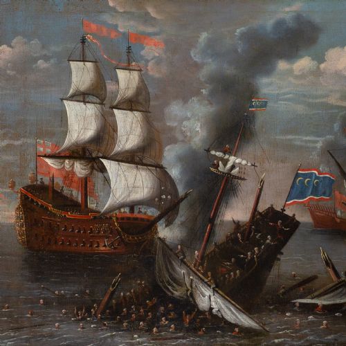 17THCENTURY MARINE BATTLE PAINTING ISAAC SAILMAKER CIRCLE AN ENGLISH WARSHIP ENGAGING BARBARY CORSAIRS - ADDITIONAL PHOTO 6