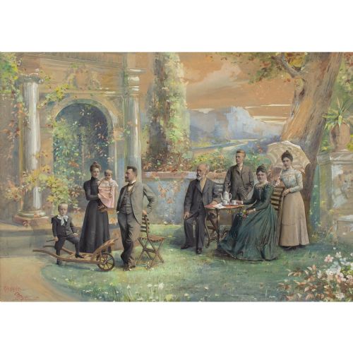 K K HOF ATELIER PIETZNER FAMILY PORTRAIT IN A GARDEN SETTING MIXED MEDIA - ADDITIONAL PHOTO 1