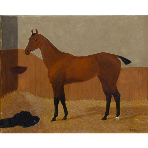 THOMAS HENRY BRENTNALL BAY RACEHORSE IN A STALL ANTIQUE OIL PAINTING - ADDITIONAL PHOTO 1