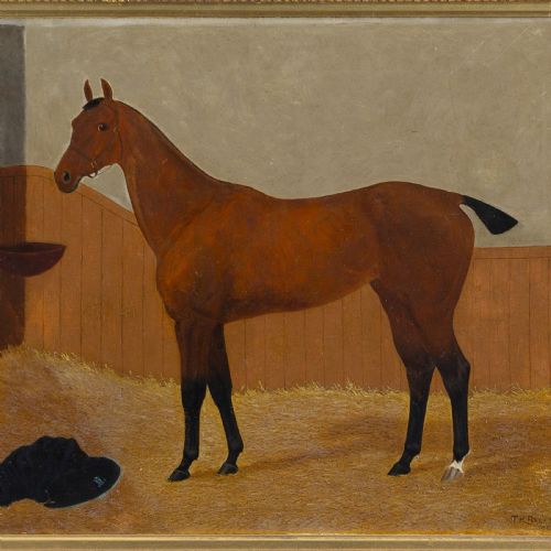 THOMAS HENRY BRENTNALL BAY RACEHORSE IN A STALL ANTIQUE OIL PAINTING - ADDITIONAL PHOTO 3