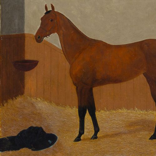 THOMAS HENRY BRENTNALL BAY RACEHORSE IN A STALL ANTIQUE OIL PAINTING - ADDITIONAL PHOTO 4
