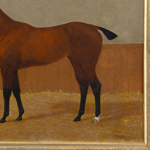 THOMAS HENRY BRENTNALL BAY RACEHORSE IN A STALL ANTIQUE OIL PAINTING - ADDITIONAL PHOTO 5