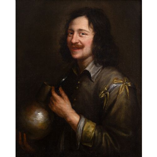 JAN COSSIERS CIRCLE PORTRAIT OF A MAN HOLDING A JUG ANTIQUE OIL PAINTING - ADDITIONAL PHOTO 1
