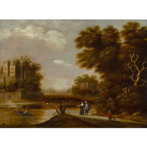 DIRKRAPHAELSZ CAMPHUYSEN WORKSHOP RIVER LANDSCAPE WITH FIGURES CROSSING ANTIQUE OIL PAINTING - ADDITIONAL PHOTO 1