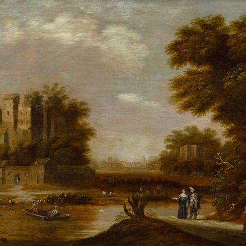 DIRKRAPHAELSZ CAMPHUYSEN WORKSHOP RIVER LANDSCAPE WITH FIGURES CROSSING ANTIQUE OIL PAINTING - ADDITIONAL PHOTO 2