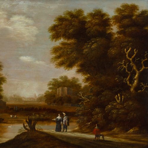 DIRKRAPHAELSZ CAMPHUYSEN WORKSHOP RIVER LANDSCAPE WITH FIGURES CROSSING ANTIQUE OIL PAINTING - ADDITIONAL PHOTO 4