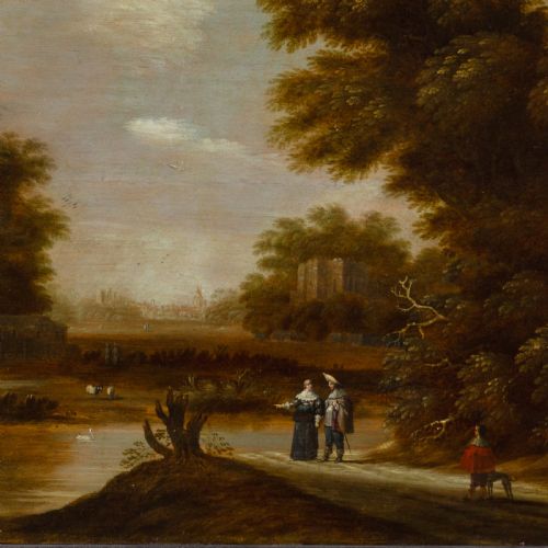 DIRKRAPHAELSZ CAMPHUYSEN WORKSHOP RIVER LANDSCAPE WITH FIGURES CROSSING ANTIQUE OIL PAINTING - ADDITIONAL PHOTO 5