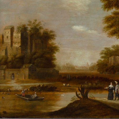 DIRKRAPHAELSZ CAMPHUYSEN WORKSHOP RIVER LANDSCAPE WITH FIGURES CROSSING ANTIQUE OIL PAINTING - ADDITIONAL PHOTO 6