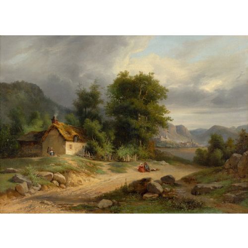 NICOLAS VICTOR FONVILLE LANDSCAPE WITH COTTAGE LAKE FIGURES ANTIQUE OIL PAINTING - ADDITIONAL PHOTO 1