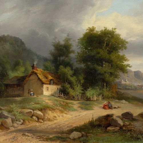 NICOLAS VICTOR FONVILLE LANDSCAPE WITH COTTAGE LAKE FIGURES ANTIQUE OIL PAINTING - ADDITIONAL PHOTO 2