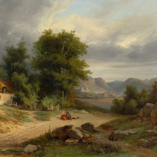 NICOLAS VICTOR FONVILLE LANDSCAPE WITH COTTAGE LAKE FIGURES ANTIQUE OIL PAINTING - ADDITIONAL PHOTO 3