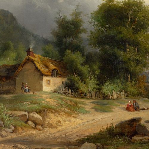 NICOLAS VICTOR FONVILLE LANDSCAPE WITH COTTAGE LAKE FIGURES ANTIQUE OIL PAINTING - ADDITIONAL PHOTO 4