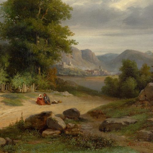 NICOLAS VICTOR FONVILLE LANDSCAPE WITH COTTAGE LAKE FIGURES ANTIQUE OIL PAINTING - ADDITIONAL PHOTO 5