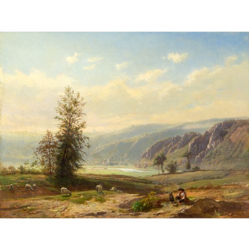 GIULIO CECCHINI PASTORAL LANDSCAPE WITH MOUNTAINS LAKE ANTIQUE OIL PAINTING - ADDITIONAL PHOTO 1
