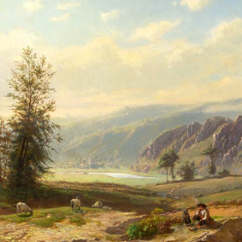 GIULIO CECCHINI PASTORAL LANDSCAPE WITH MOUNTAINS LAKE ANTIQUE OIL PAINTING - ADDITIONAL PHOTO 2