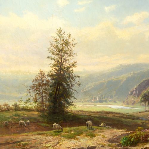 GIULIO CECCHINI PASTORAL LANDSCAPE WITH MOUNTAINS LAKE ANTIQUE OIL PAINTING - ADDITIONAL PHOTO 3